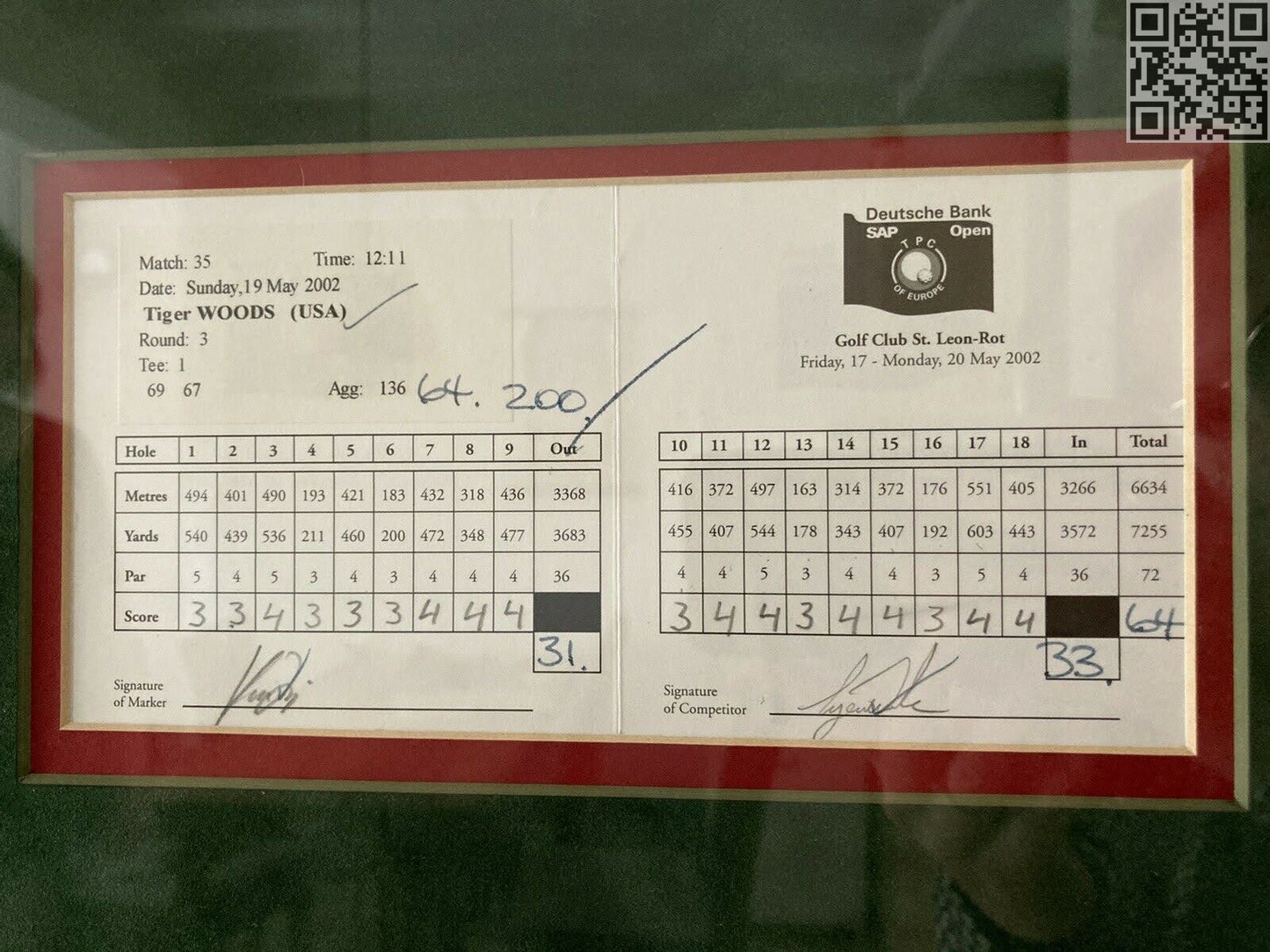 2002 Deutsche Bank SAP Open Tiger Woods Signed Official Tournament Scorecards - All 4 days WIN