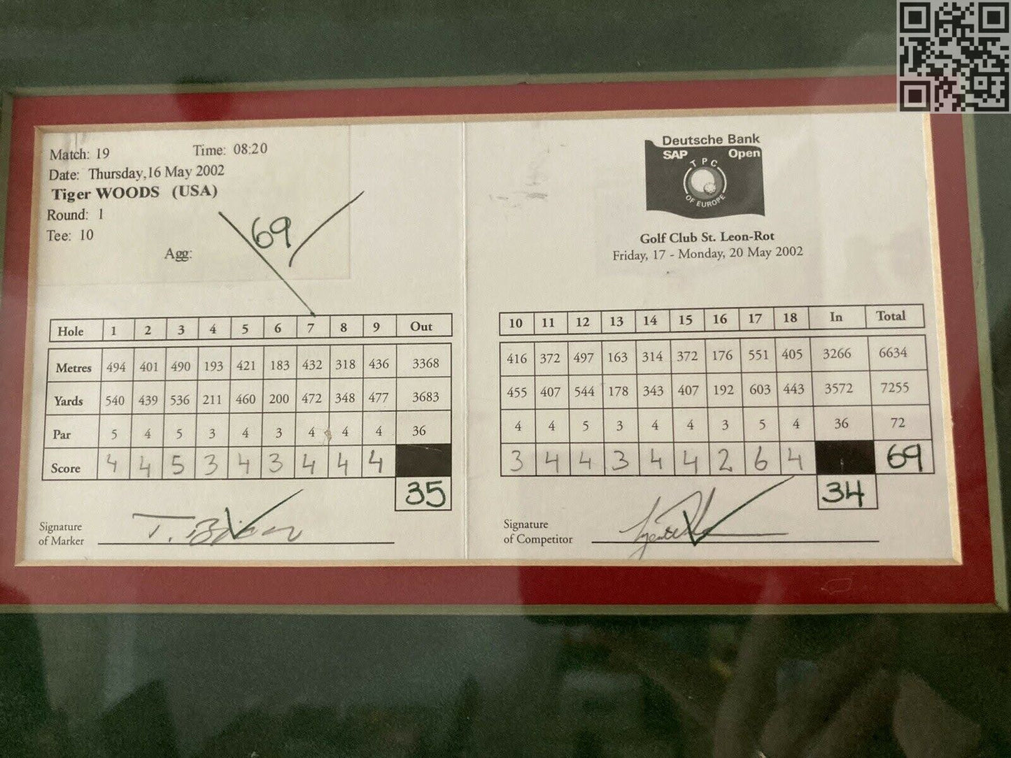 2002 Deutsche Bank SAP Open Tiger Woods Signed Official Tournament Scorecards - All 4 days WIN