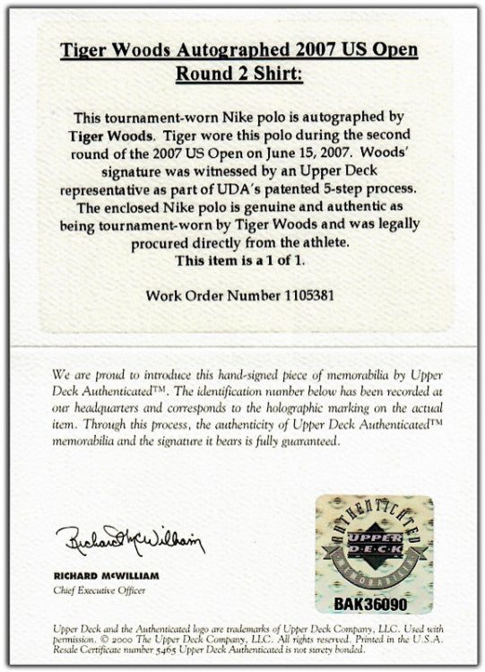 Tiger Woods 1/1 Tournament Worn Signed Golf Shirt Polo - Upper Deck UDA - US Open at Oakmont