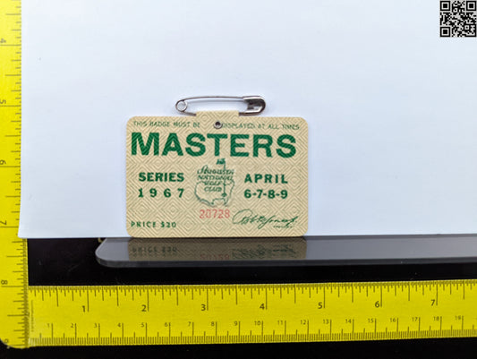 1967 Masters Tournament Series Badge - Augusta National Golf Club - Gay Brewer Win