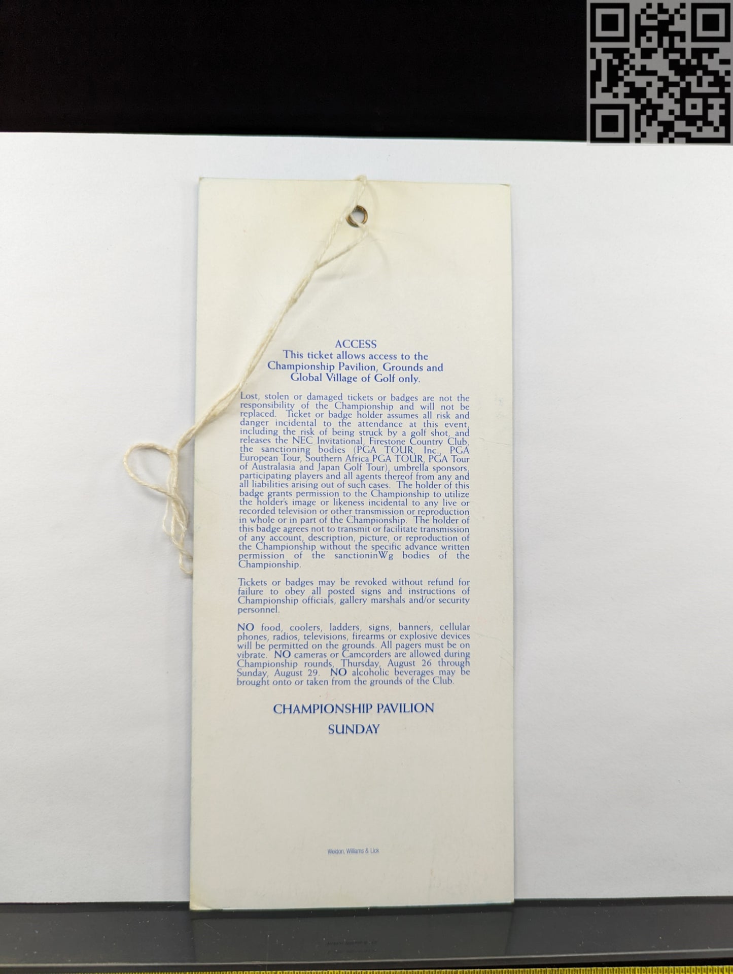 1999 Tiger Woods Signed Sunday Ticket WGC NEC Invitational Firestone Country Club Win