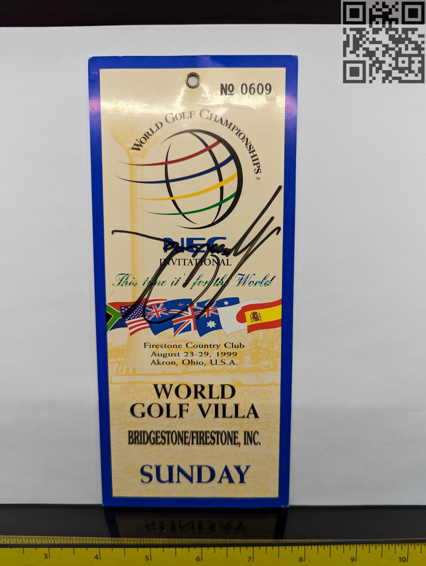 1999 Tiger Woods Single Signed Sunday Ticket WGC NEC Invitational Firestone Country Club Win