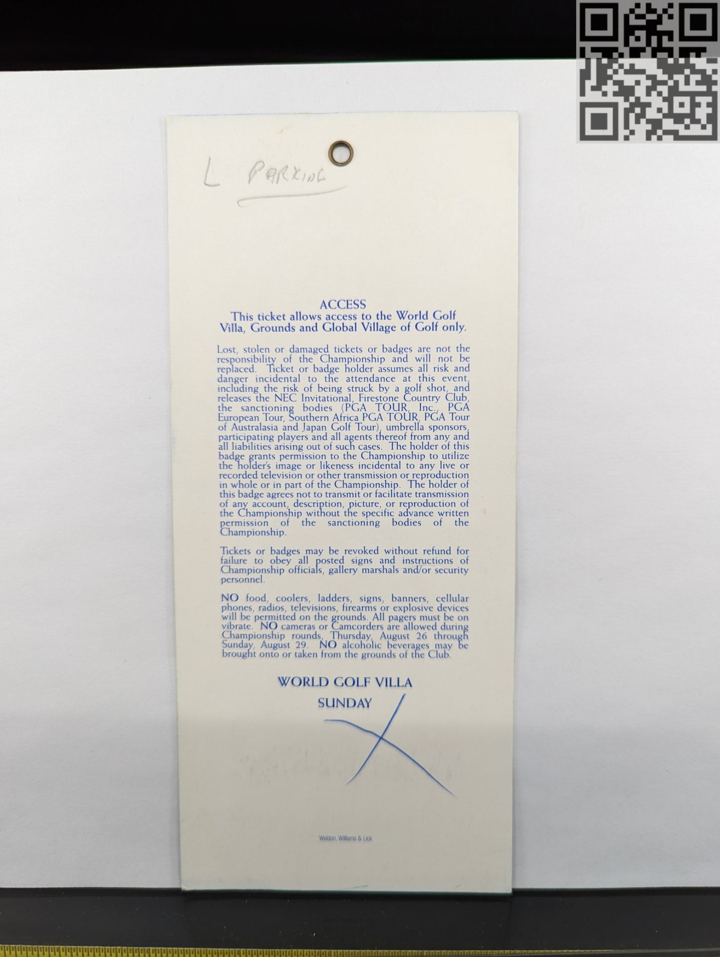 1999 Tiger Woods Single Signed Sunday Ticket WGC NEC Invitational Firestone Country Club Win