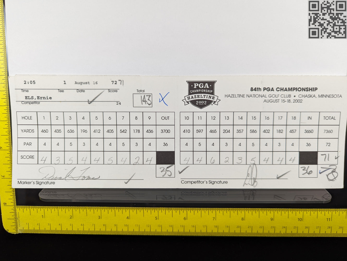 2002 PGA Championship Hazeltine Tiger Woods Signed Official Tournament Scorecard