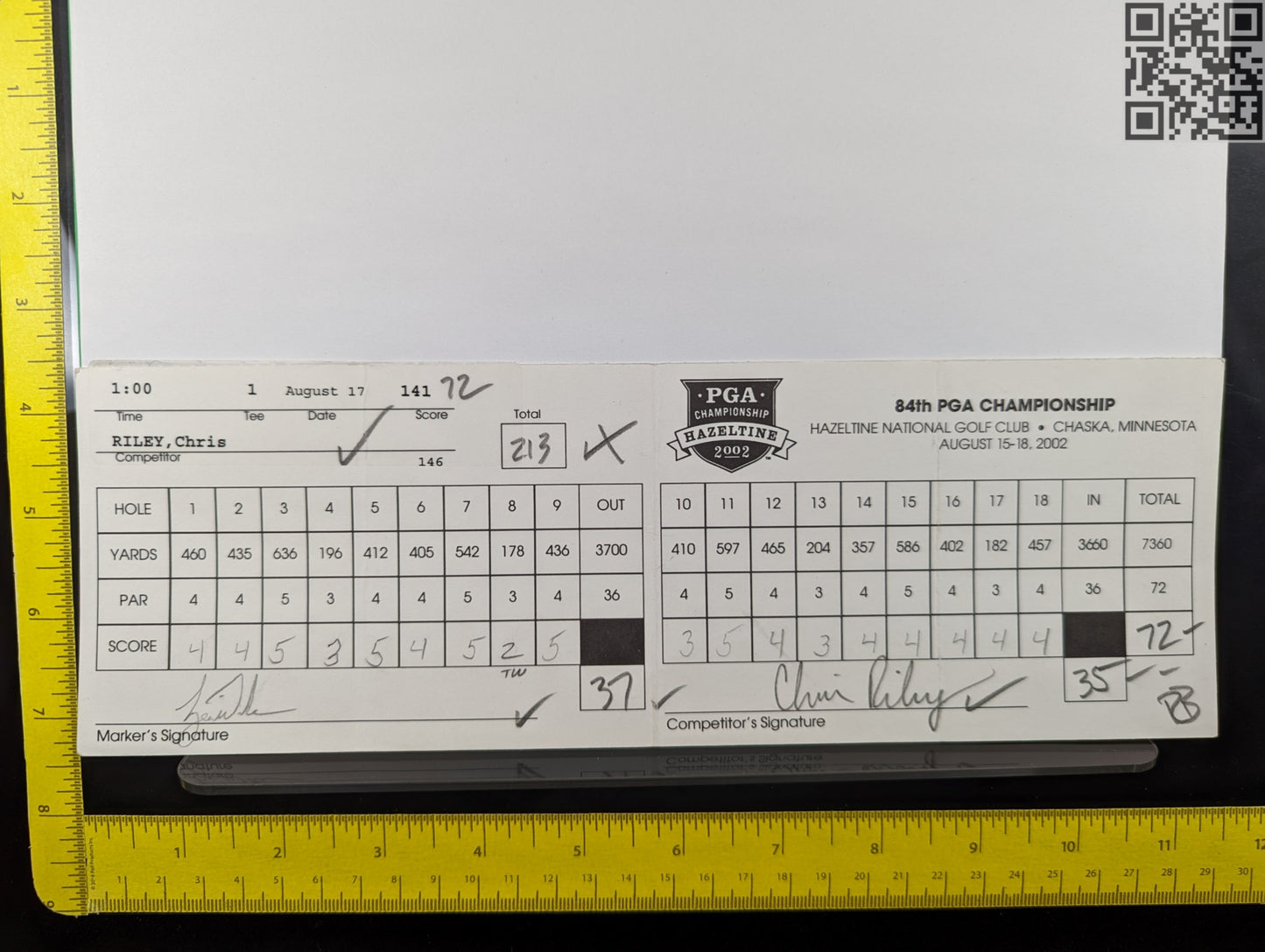2002 PGA Championship Hazeltine Tiger Woods Signed Official Tournament Scorecard