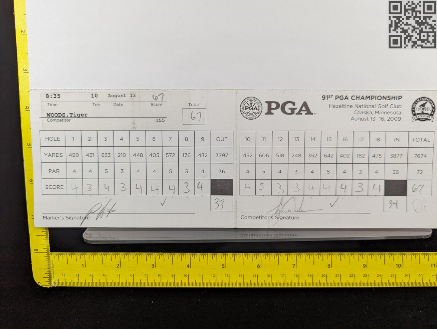 2009 PGA Championship Hazeltine Tiger Woods Signed Official Tournament Scorecard