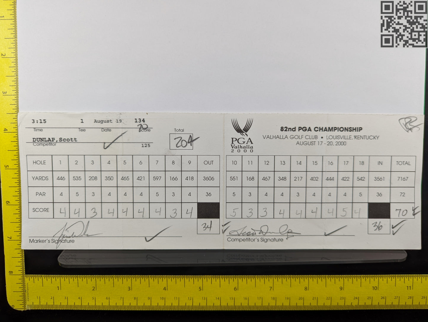 2000 PGA Championship Medinah Tiger Woods Signed Official Tournament Scorecard WIN