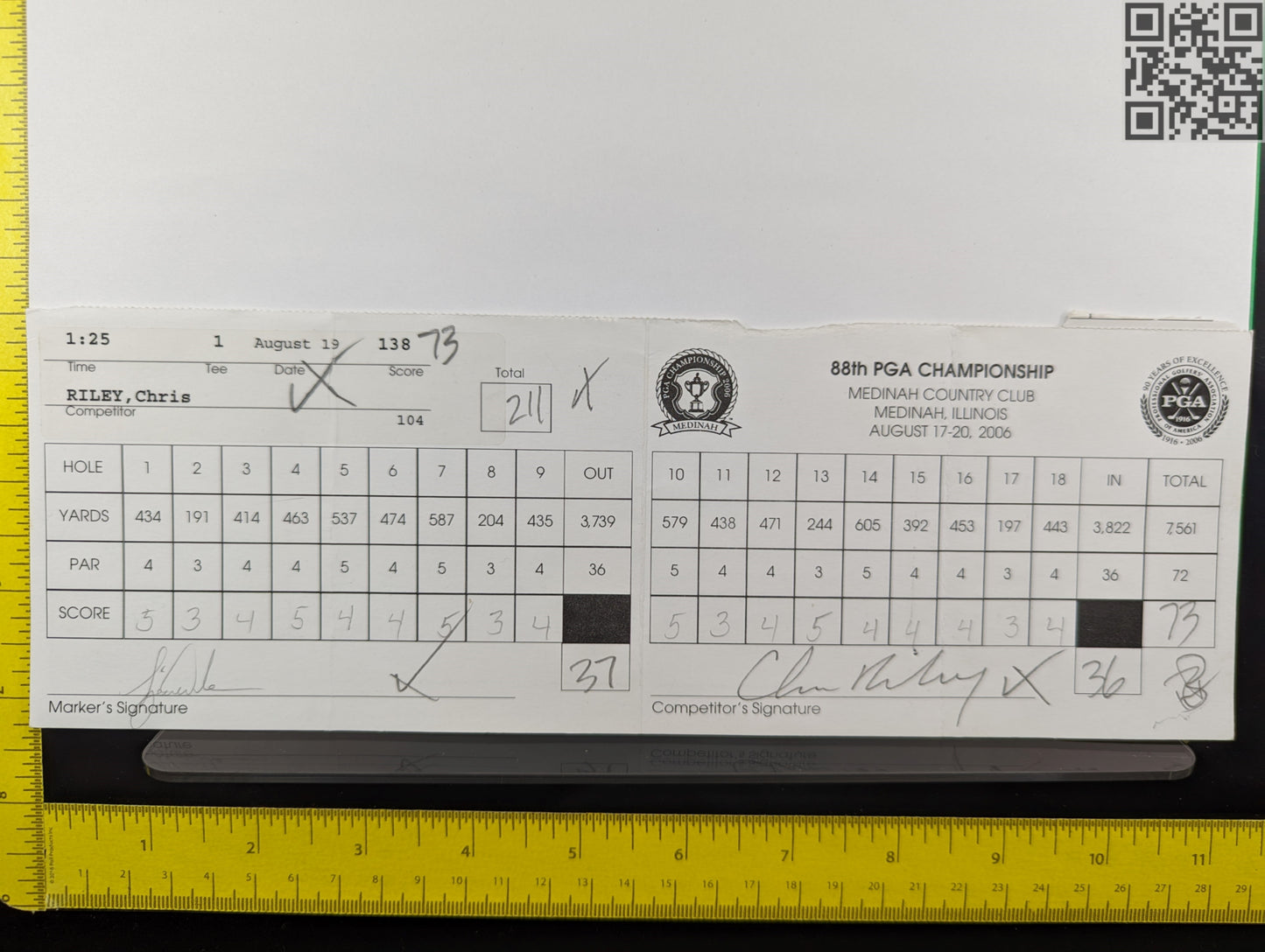 2006 PGA Championship Medinah Tiger Woods Signed Official Tournament Scorecard WIN