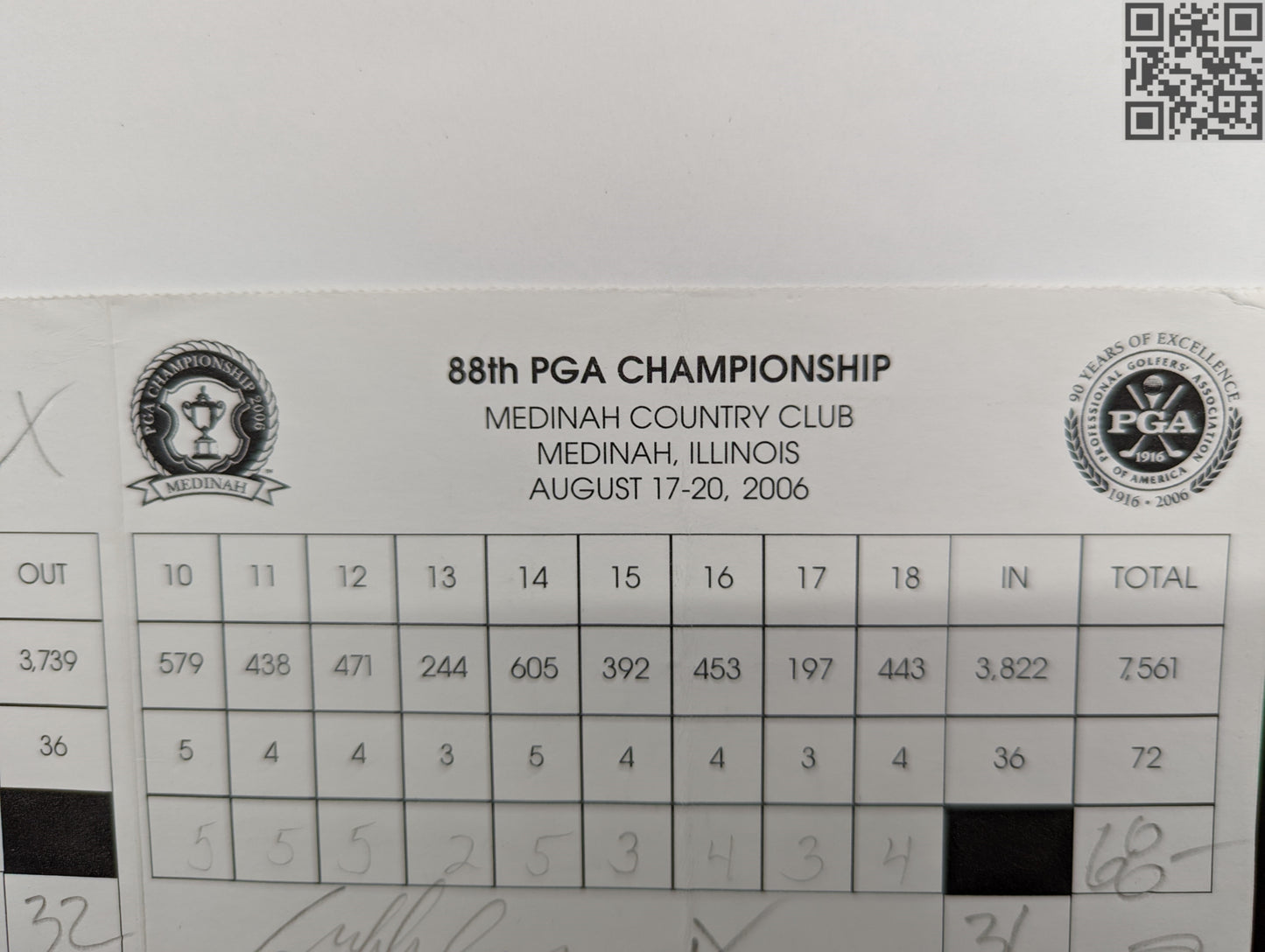 2006 PGA Championship Medinah Tiger Woods Signed Official Tournament Scorecard WIN