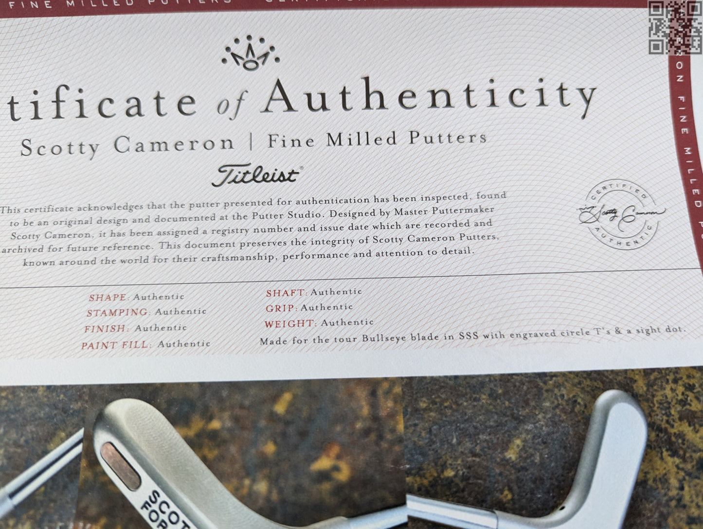 Scotty Cameron Bulls Eye Platinum Blade Putter Golf Club Tour Only Circle T COA