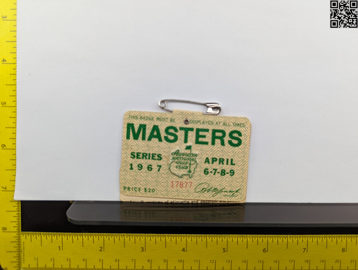 1967 Masters Tournament Series Badge - Augusta National Golf Club - Gay Brewer Win