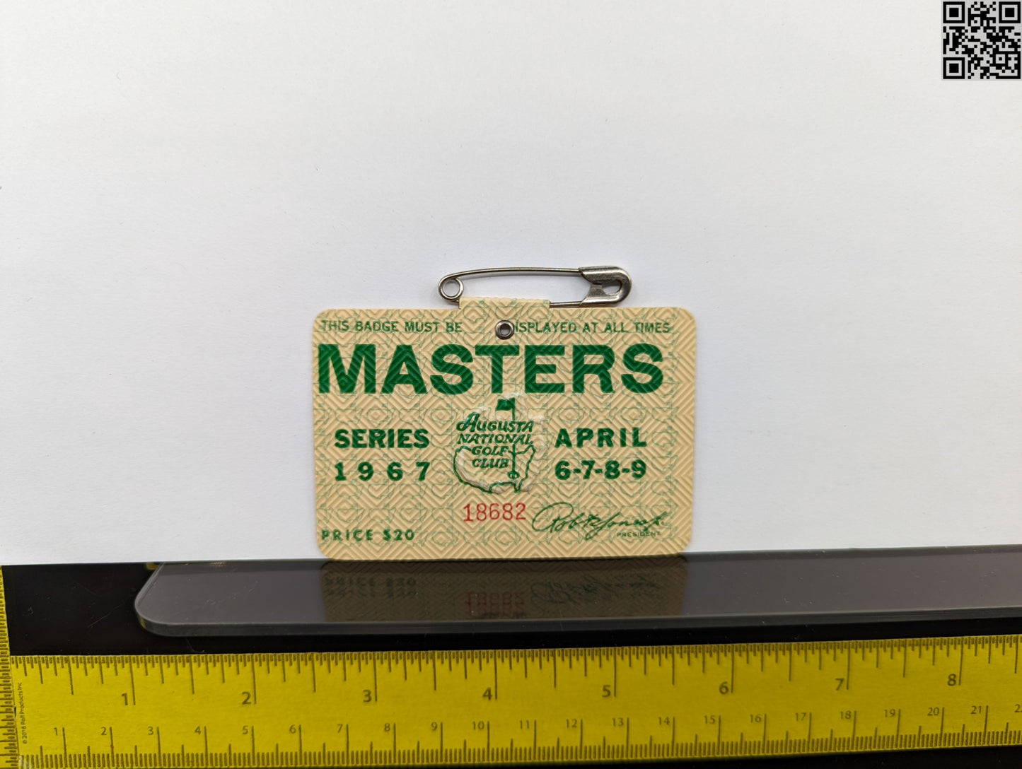 1967 Masters Tournament Series Badge - Augusta National Golf Club - Gay Brewer Win