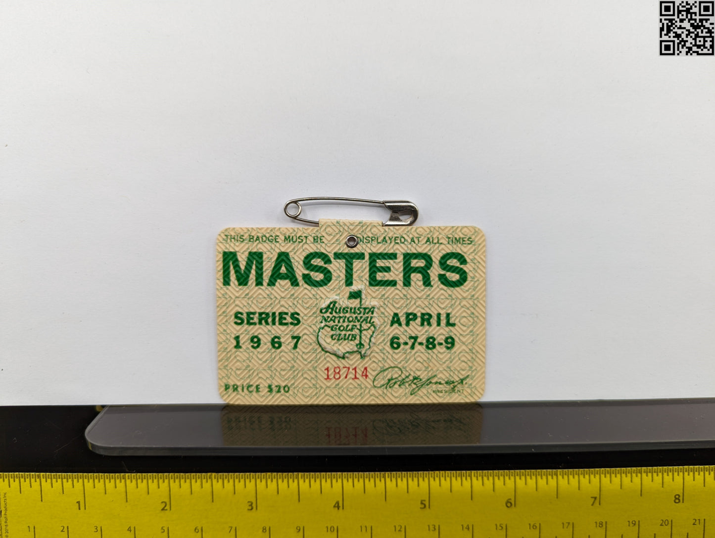 1967 Masters Tournament Series Badge - Augusta National Golf Club - Gay Brewer Win